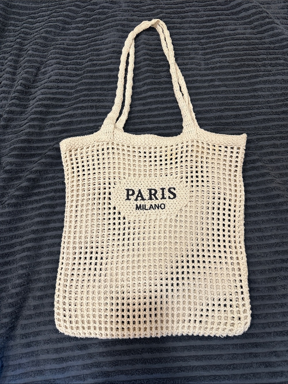 Milano Cream Crochet Mesh Tote with PARIS Logo